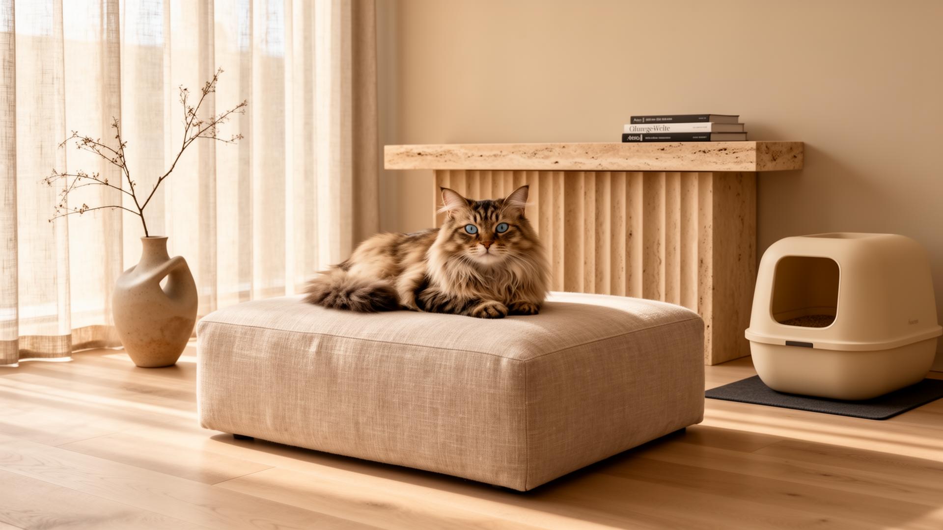 A refined minimalist apartment with a calm cat and elegant litter setup in soft daylight